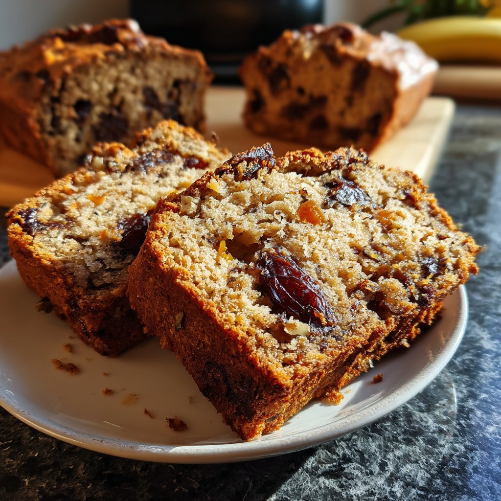 Bananenbrot mit Mandelmus und Datteln