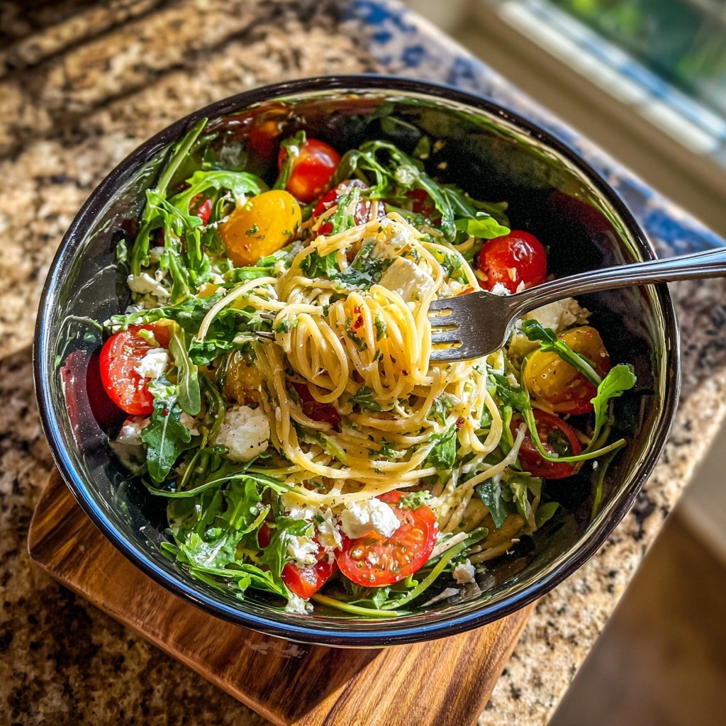 Mediterraner Nudelsalat Mit Rucola Blättern